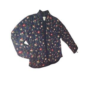 1960s Panther Quilted Puff Jacket Floral Open Front Size M Navy Blue Vintage
